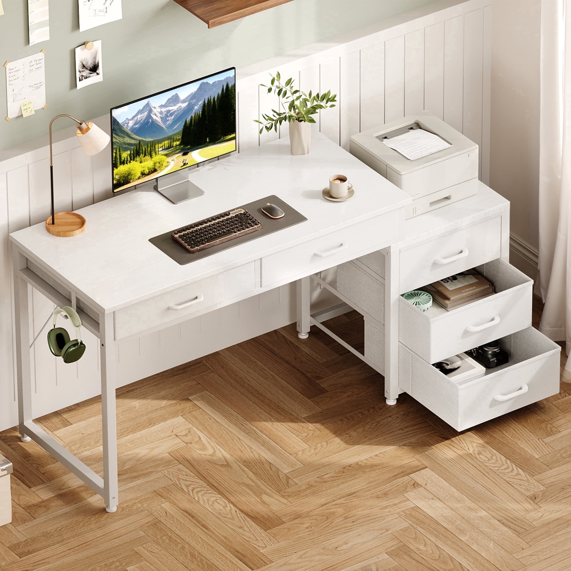 Casacomoda White Computer Desk with 5 Drawers & Printer Stand, Reversible Storage Desk for Home Office, 53 Inch Writing Desk with Headphone Hook, White