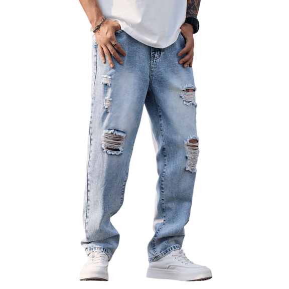 Mrmall Men's Ripped Regular Fit Straight Leg Jeans Streetwear Y2K Hip Hop Vintage Distressed Denim Pants