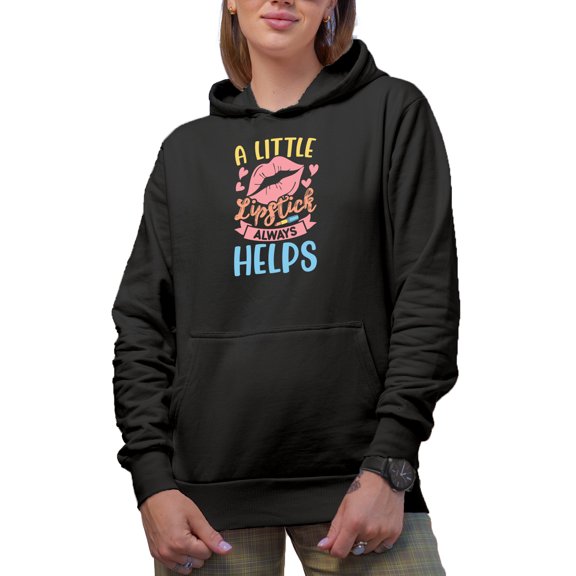 Artsy A Little Lipstick Always Helps, Beauty Themed Merch Gift for Makeup Artist or Lovers, Cosmetologists & Beauticians, Black Hooded Sweatshirt or Hoodie, Small
