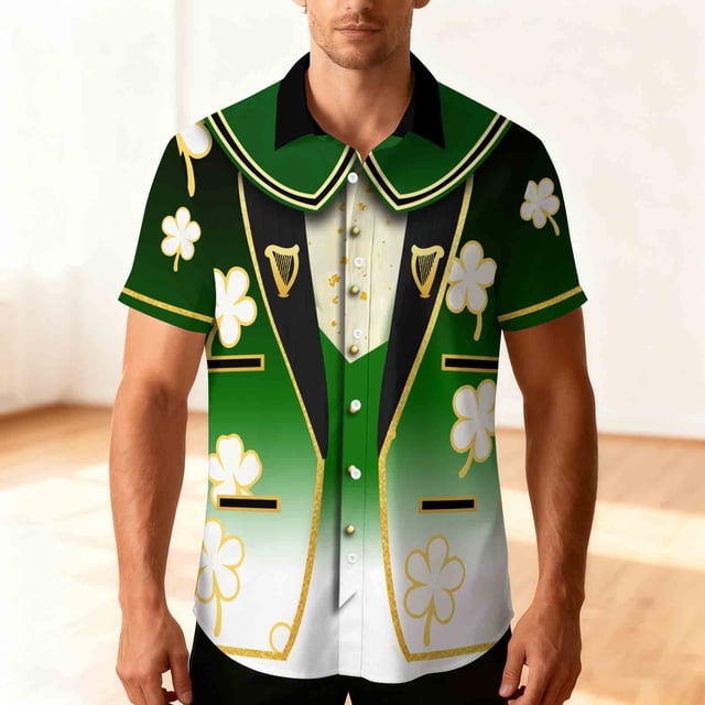 Blusa y camisa hawaiana de manga corta con cuello vuelto para hombre, camisa unisex de verano para playa, informal, de manga corta, con botones, ropa estampada para el Día de San Patricio, blusa para