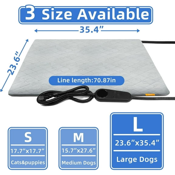Pet Heating Pad for Cats Dogs Electric Heated Bed Waterproof Warming Mat Indoor Outdoor Chew Resistant Cord Adjustable 5 Timer and 6 Level Temperature for Pets Puppy Animals-Small-35.4x23.6in