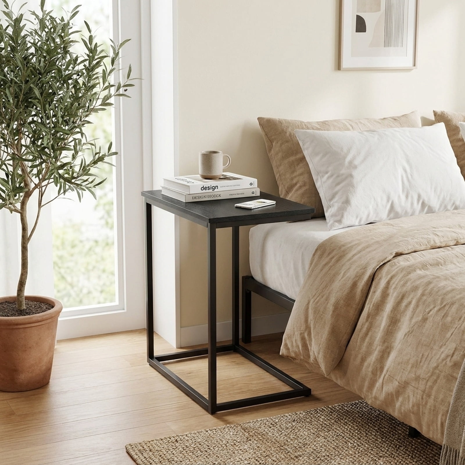 Furnibear C Shaped Side Table Sofa Snack End Table with Sturdy Metal Frame and Wood Grain Top for Living Room Bedroom and Couch, Black