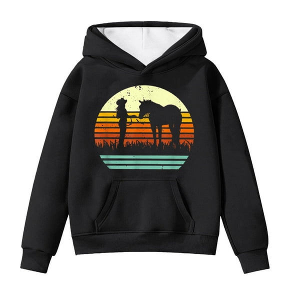 Teen Girls Hoodies Sweatshirts Winter Warm Pullover With Pocket Cute Horse Print Long Sleeve Hooded Sweatshirt Kids Clothing Black Size 13-14T