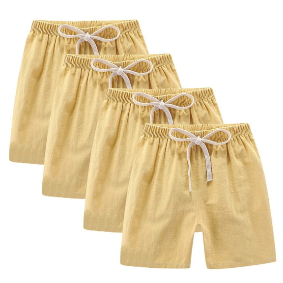Mlzmgr 4 PC Cotton Linen Shorts for Kids Drawstring Elastic Waisted Loose Fitted Casual Sports Shorts
