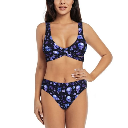 Zeuib Skull flower leaf purple High Waisted Tummy Control Bikini Set - Knot Front Push Up Top & Cheeky Thong Bottom  Two-Piece Swimsuit for Women-Large