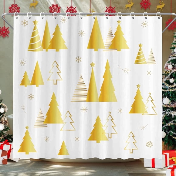 Rideau de Douche Arbres de Noël Dorés 71 x 71 Pouces Flocon de Neige en Feuille d'Or avec Crochets Imperméable Polyester Lavable Design Moderne Décoration de Salle de Bain