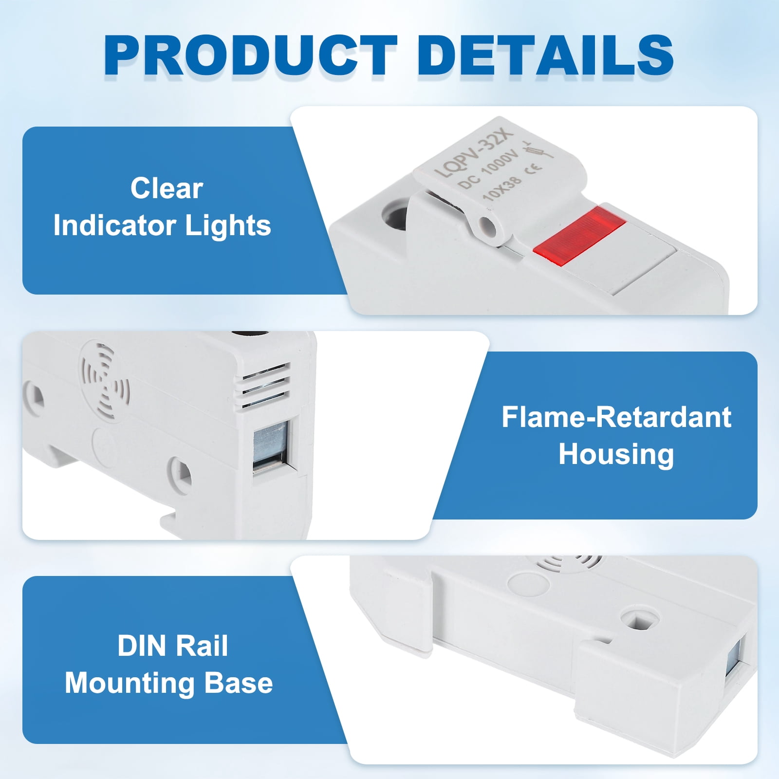 Din Rail Fuse Holder with 1 Core Block,10x38mm 4-18AWG Single Pole Solar/ Photovoltaic Fuse Holder DC 1000V 15A with Light Indicate for Solar PV Systems Battery Protect,Pack of 2