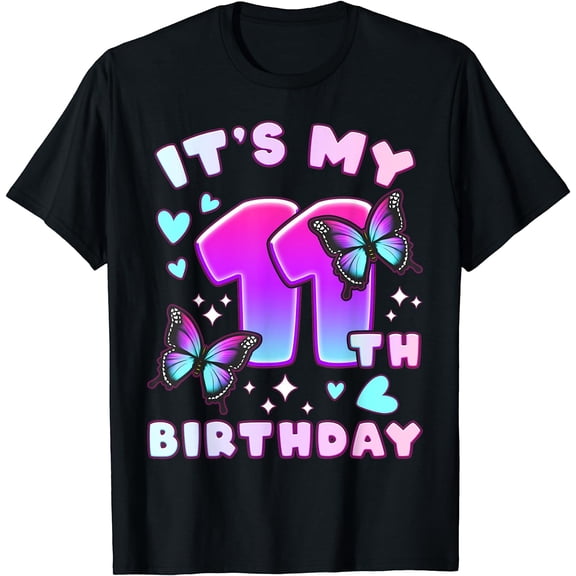 11th Birthday, Girl 11 years, Butterflies and Number 11 T-Shirt Black 2X-Large