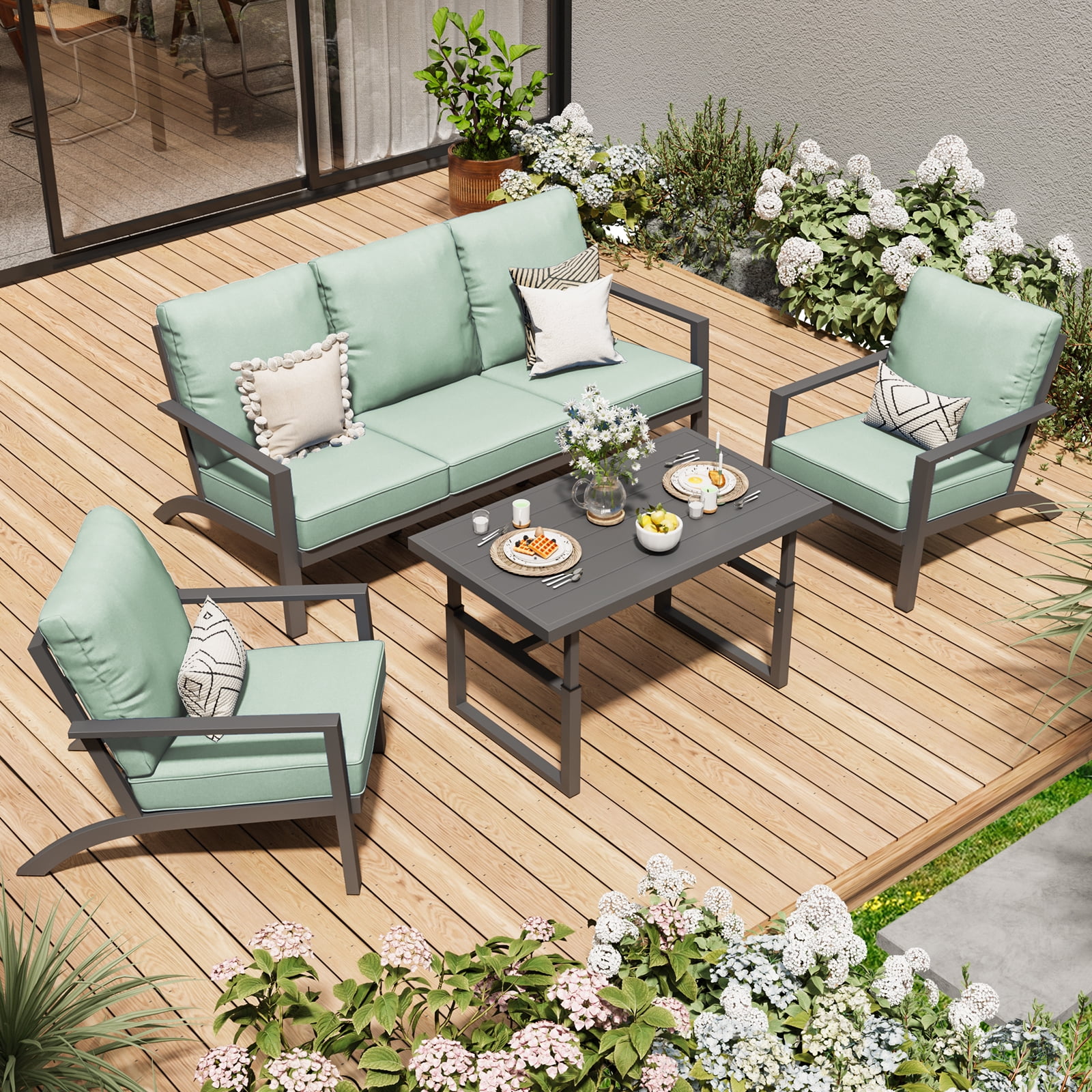 AECOJOY Aluminum Patio Furniture Set Modern Metal Outdoor Patio Furniture Clearance, Adirondack Patio Conversation Sets for Lawn, Backyard, and Deck Green with Green Cushions
