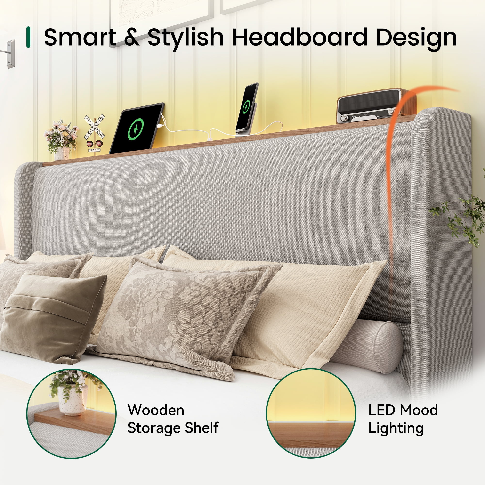 Breltam Upholstered Platform Bed with Wingback Headboard, Queen Size Bed with LED Lights and Charging Station, Light Gray