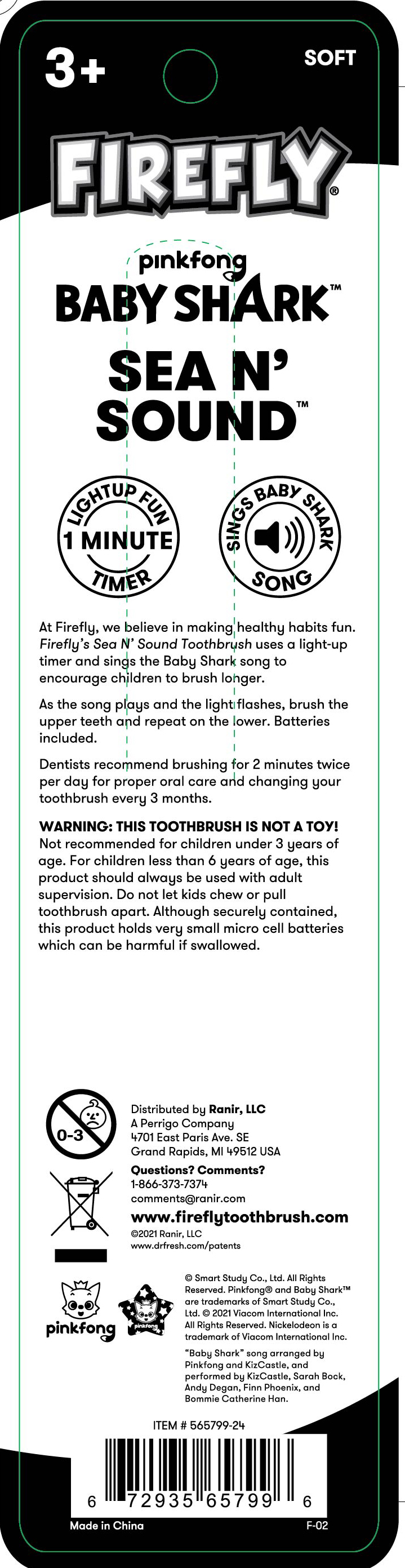 Firefly Sea N' Sound, Baby Shark Toothbrush, Premium Soft Bristles, Ages 3+, 1 Count - image 3 of 10