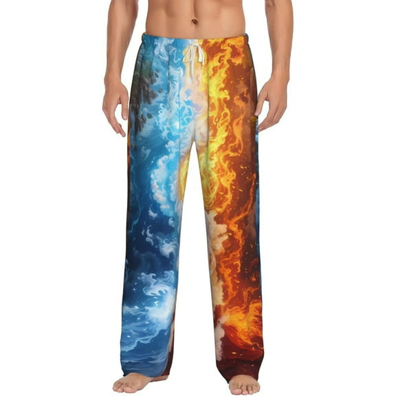 Daiia Red And Blue Flame Waves Men's Sleep Pant with Pockets and Drawstring,Pajama Pants-Medium