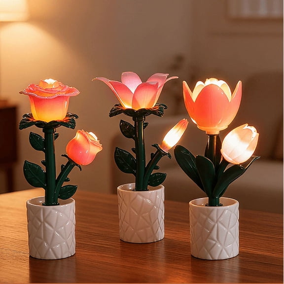 Lksixu Flower Table Lamp, Valentine's Gifts for Her, 3D Tulip Flowers Decorative LED Lights with Vase, Battery Operated Night Light Eye Protection Bedside Light for Office Bedroom Living Room