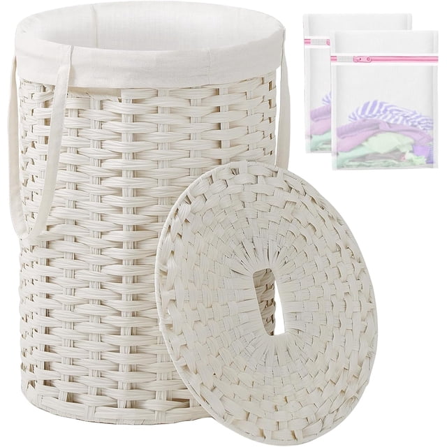 Large Laundry Hamper Laundry Basket Round Gal L) Handwoven Wicker Laundry Baskets Rattan Laundry Basket with Laundry Bag Handles Mesh Bags for Living Room Bedroom