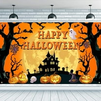 Happy Backdrop 5.9x3.6ft Pumpkin Bats Spiders Ghosts Pattern Backdrop Colorful Polyester Forest Skeleton Castle Banner Decorations Theme Backdrop for