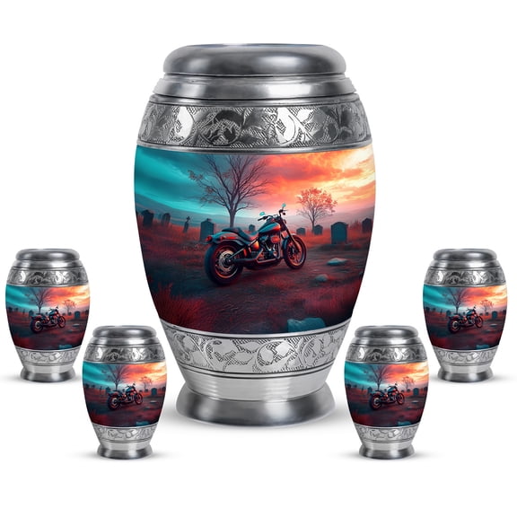 JAGASY Bike Urns Combo for Parents, Blue Large Urn for Ashes Adult Male, Sunset Cemetery Trees Decorative Urns for Human Ashes Keepsake, Small Cremation Urn for Mom & Dad, (1 Large, 10"; 4 Small, 3")