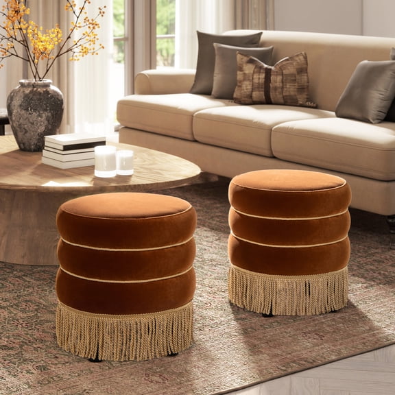 Miekor Furniture Edward 17.5" Round Upholstered Ottoman with Bullion Fringe Burnt Orange Performance Velvet 36996