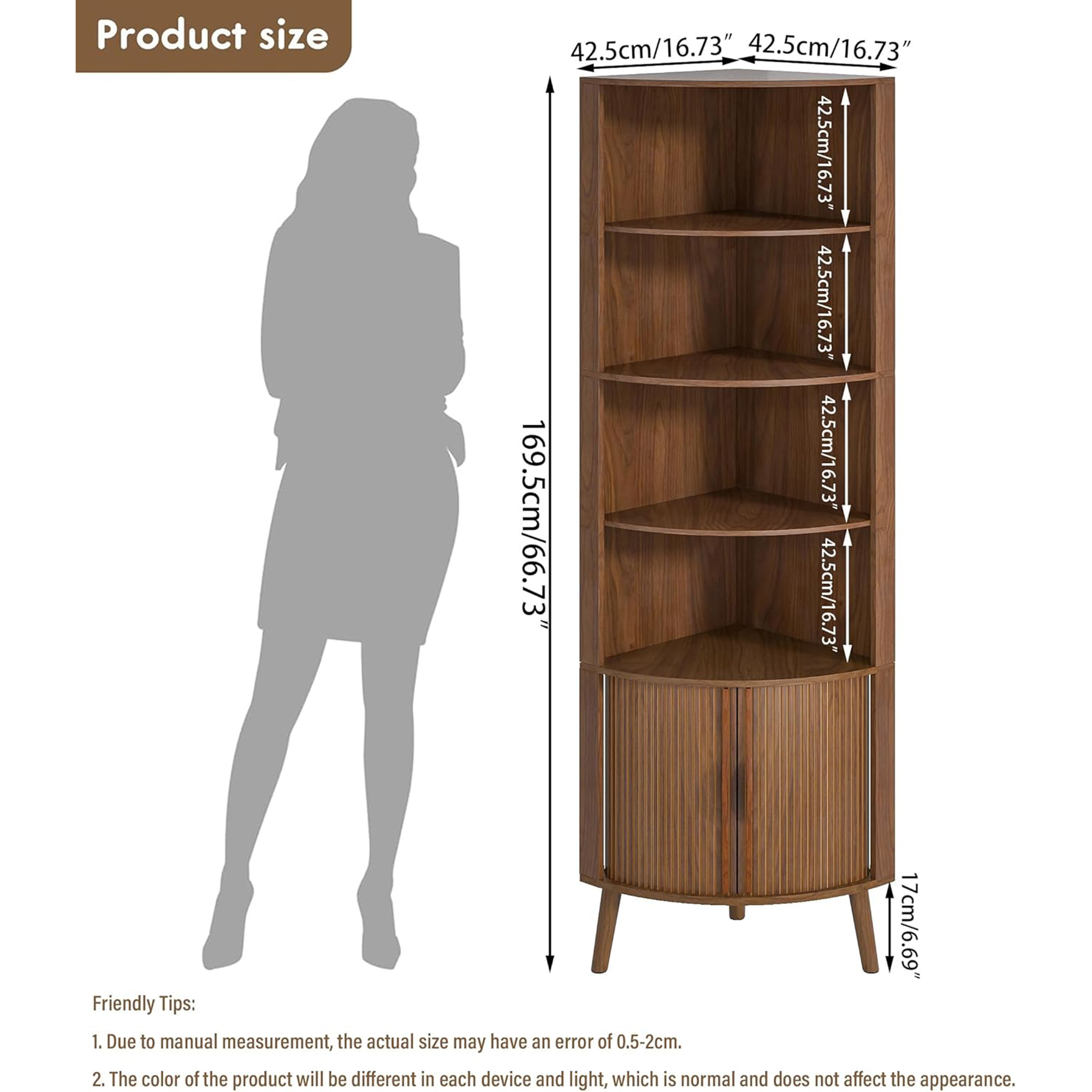 Bathroom Tall Corner Cabinet with Doors, Freestanding Corner Storage Cabinet for Kitchen, Living Room, Walnut