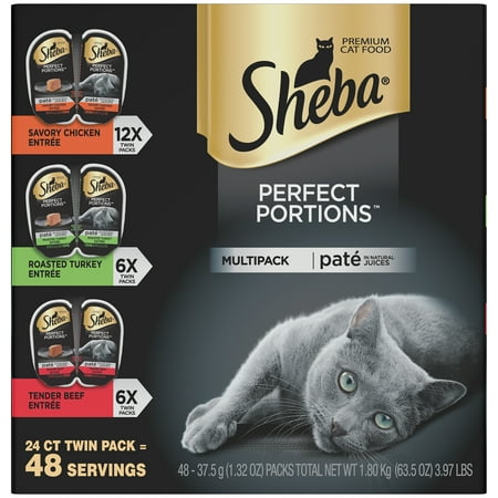 Tender Turkey - SHEBA PERFECT PORTIONS Wet Cat Food Paté in Natural Juices Savory Chicken, Roasted Turkey, & Tender Beef Entrées Variety Pack, (24) 2.6 oz. Twin-Pack Trays