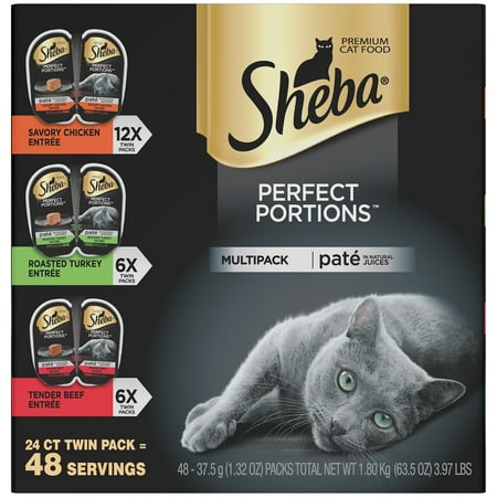 (24 Pack) Sheba Perfect Portions Wet Cat Food Pate in Natural Juices Savory Chicken, Roasted Turkey, & Tender Beef Entree Variety Pack, 2.6 oz. Twin-Pack (Best Healthy Cat Food)