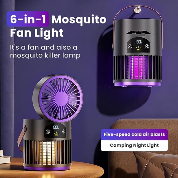 Portable Mini USB Rechargeable Fan with 5 Wind Speeds, Mosquito Killing & LED Lighting Function, Personal Cooling Fan for Camping Home Indoor Outdoor Use