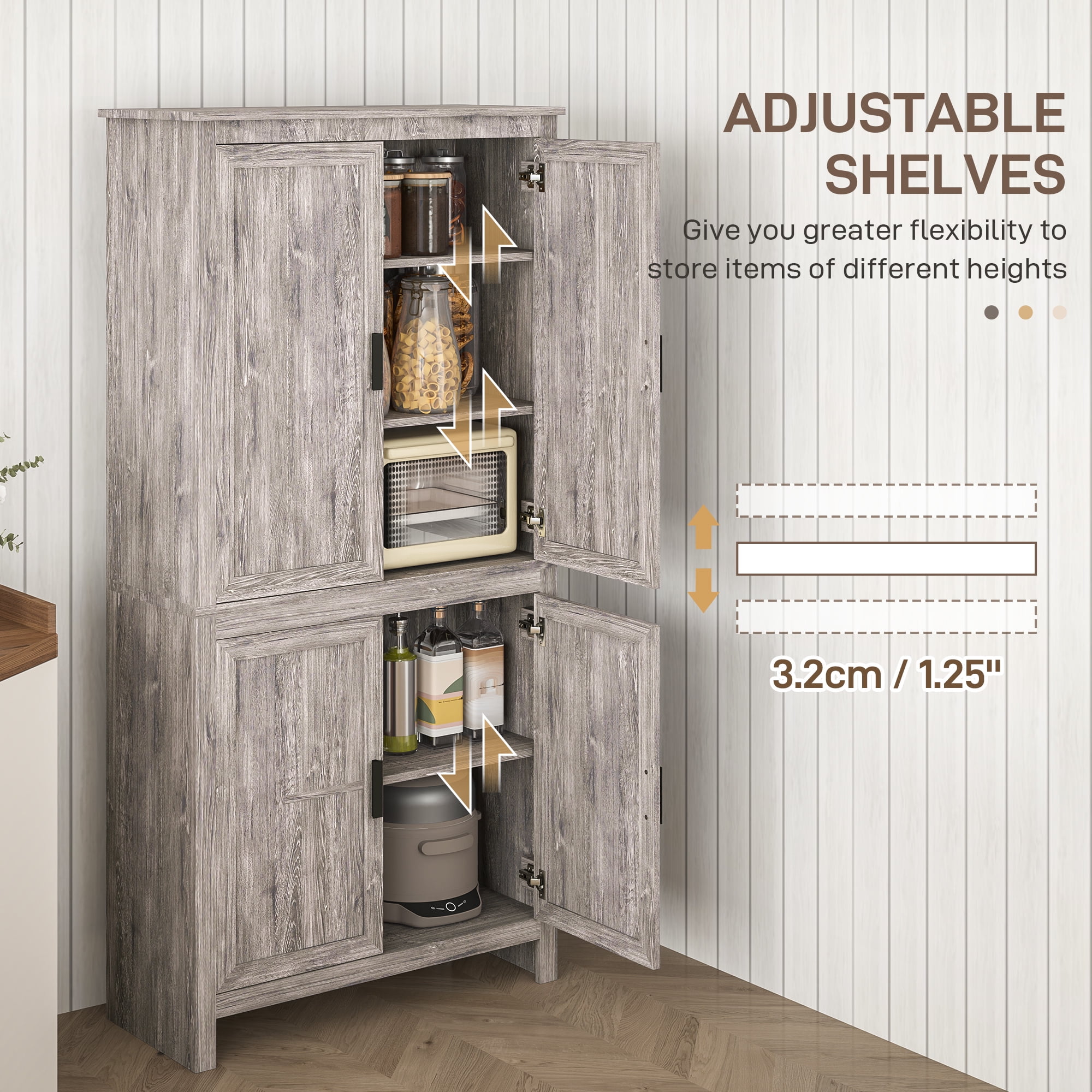 HOMCOM 64" 4-Door Kitchen Pantry, Freestanding Storage Cabinet with 3 Adjustable Shelves for Kitchen, Dining or Living Room, Gray Oak
