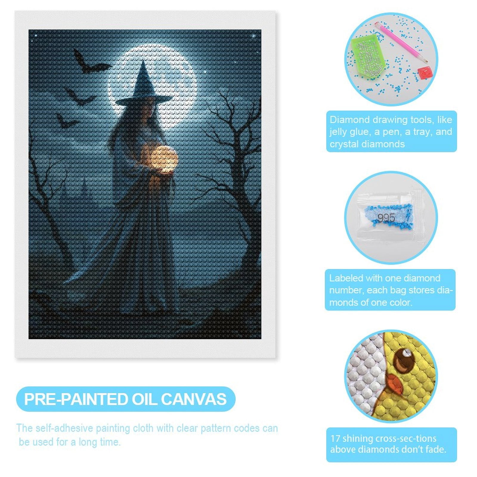 Diamond Art Kits for Adults - Moonlit Witch Night Scene 5d Diamond Painting for Adults, Diamond Art for Adults Beginners, Frameless Diamond Painting Kits for Adults for Home Wall Decor