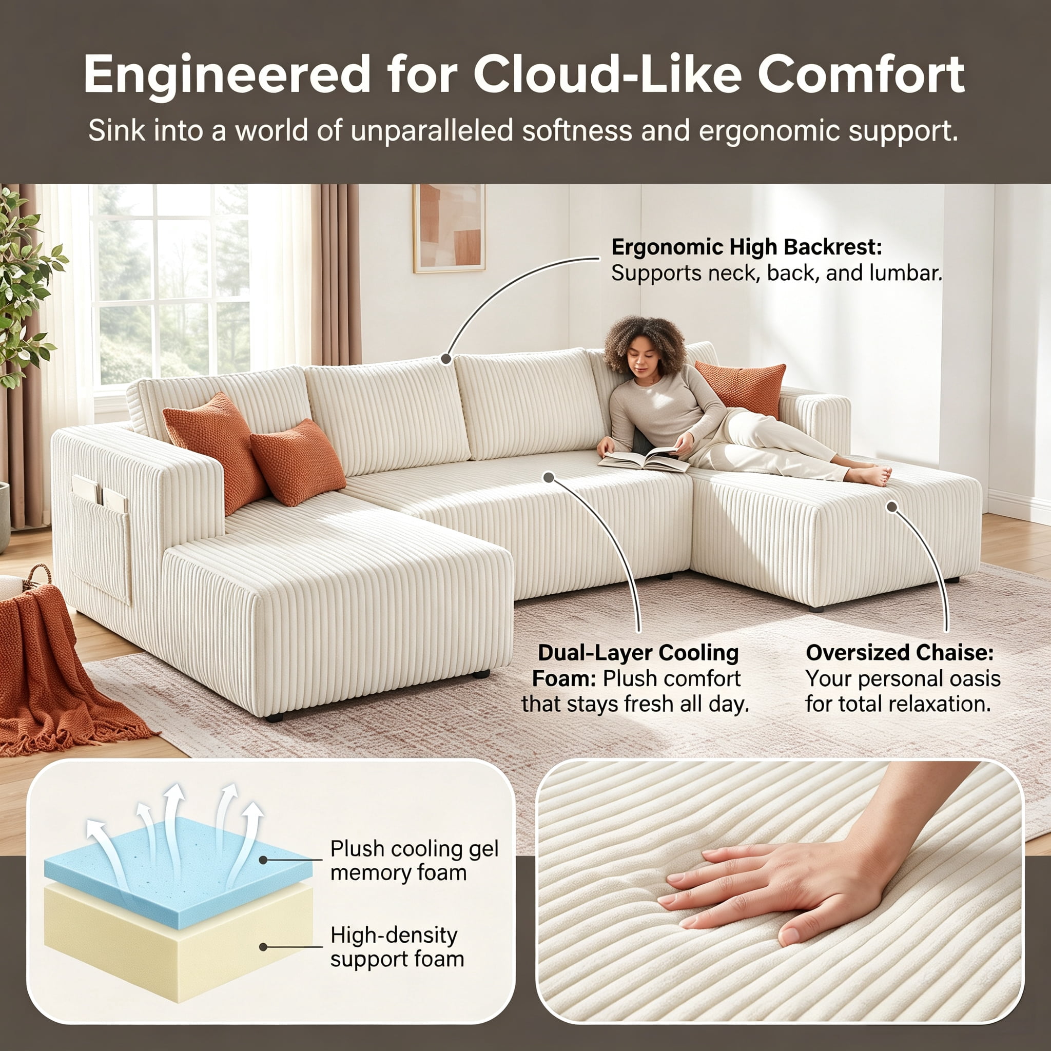 ShiKeyi 132.5" Modern U-Shaped Modular Sectional Sofa with Double Chaise, Corduroy Fabric Cloud Couch Set with Storage Pockets for Living Room, No Assembly Required, Beige