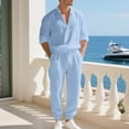 thumbnail image 5 of Timoontee Men's Lightweight Summer 2 Piece Set Loose Fit Casual Tracksuits Long Sleeve Button Mock Neck Shirts with Drawstring Pant Sets for Daily & Beach Vacation Light Blue S, 5 of 9