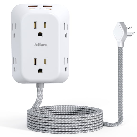 3-Sided Surge Protector Power Strip, 5FT Braided Flat Plug Cord, 6 Wide AC Outlets 4 USB(2A 2C), Multi Plug Extender for Home Dorm Office