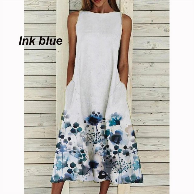 AMERTEER Robe Rétro à Imprimé pour Femmes Robe Sans Manches Robe d'Été Robe Décontractée avec Poches Col Ras du Cou Robe Ample Robe de Banquet Grande Taille