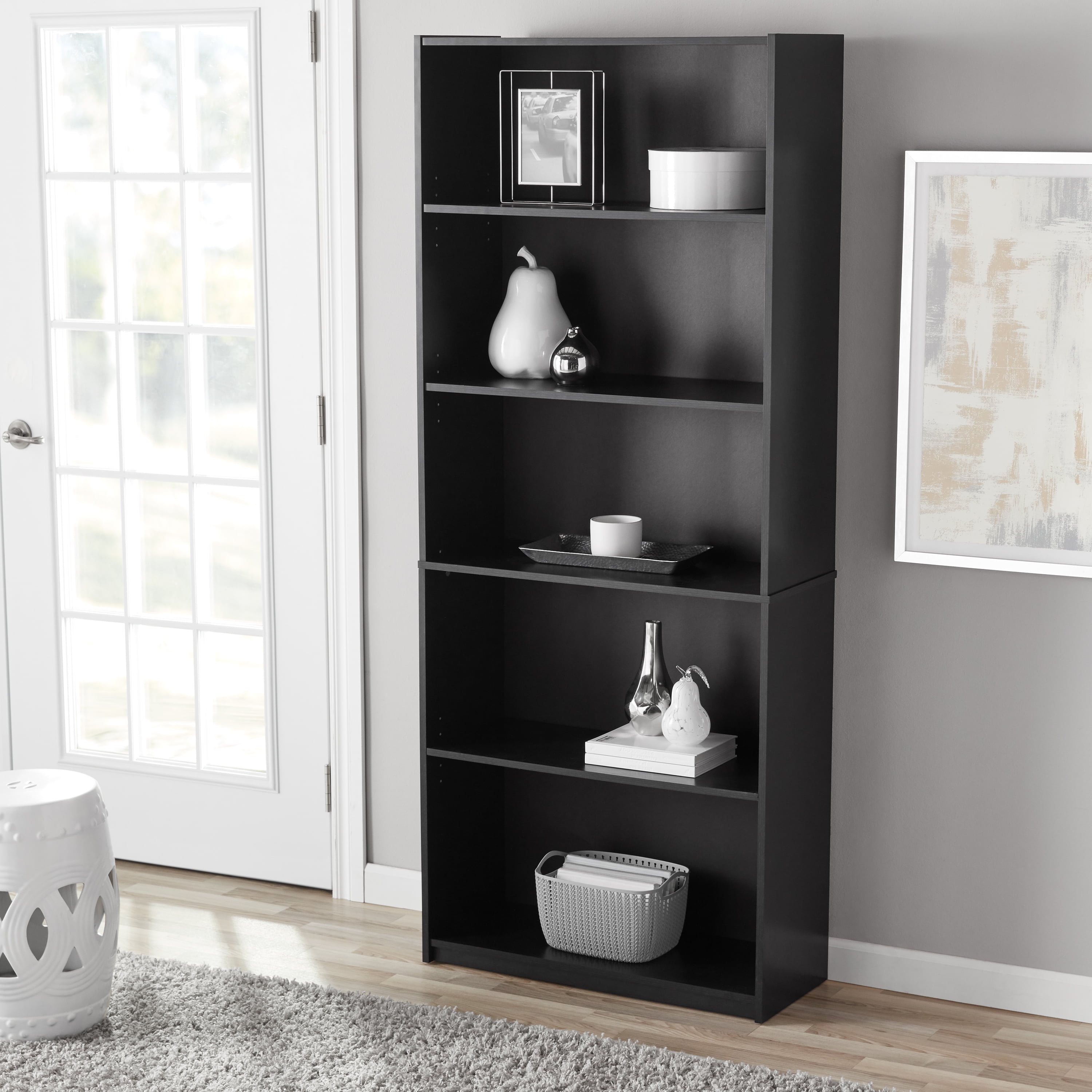 Closed Back Adjustable White Black or Wood Finish 71 Inch Tall 5-Shelf Bookcase 