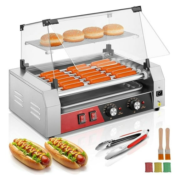 Hot Dog 7 18-24 Hot Dogs Capacity, 1050W Stainless Steel Hot Dog Machine with Bun Warmer Shelf, Dual Temp Control, Glass Cover, Removable Tray for and Party