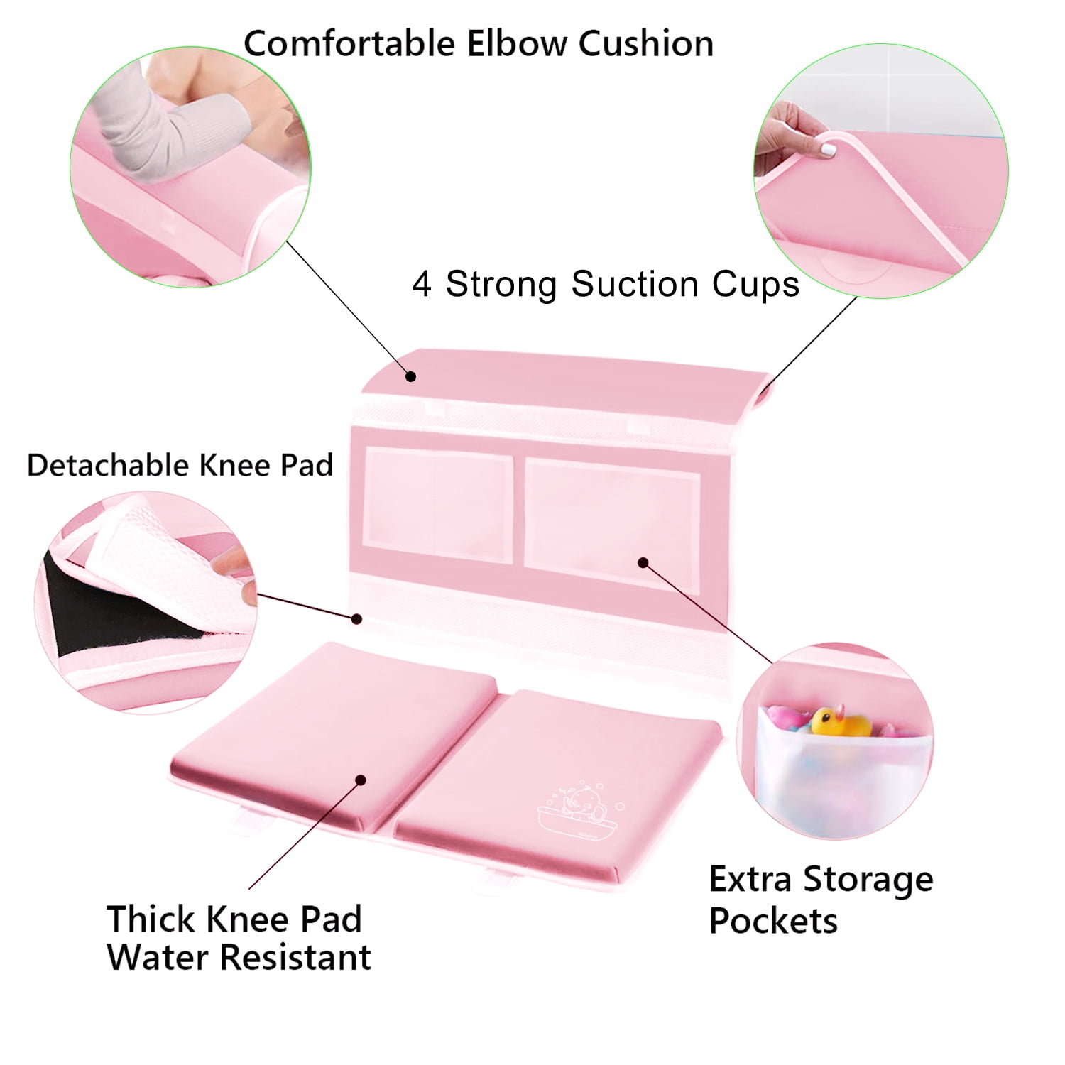 StarQualityBargain Bath Kneeler Mat and Elbow Rest Pad Set - Non-Slip Rubber with Toy Organizer - Bath Spout Cover Pink Hippo