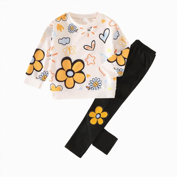 newwalpole Toddler Girl Clothes Floral Printed Sweatshirt Pants 2Pcs Fall Outfits for Little Girls Clothing Set Size 3-7 Years (Yellow, 4-5 Years)