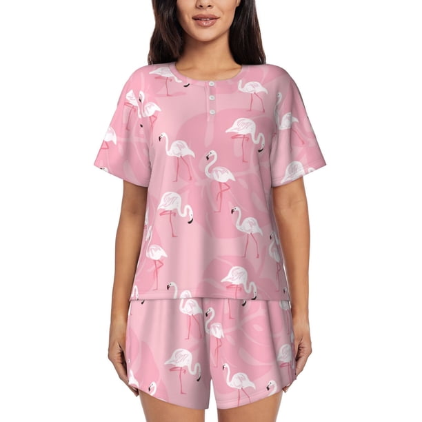 Fotbe Pink Flamingos and Flowers Conjunto de Pijama Estampado para Mujer, 2 Piezas, Ropa de Dormir con Camiseta de Manga Corta y Shorts Suaves-Medium