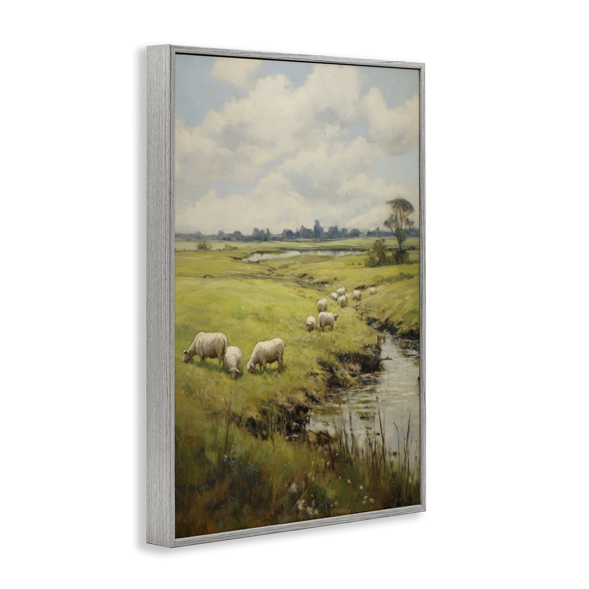 Stupell Industries Grazing Sheep Countryside Landscape Painting Gray Framed Art Print Wall Art, 16 x 24