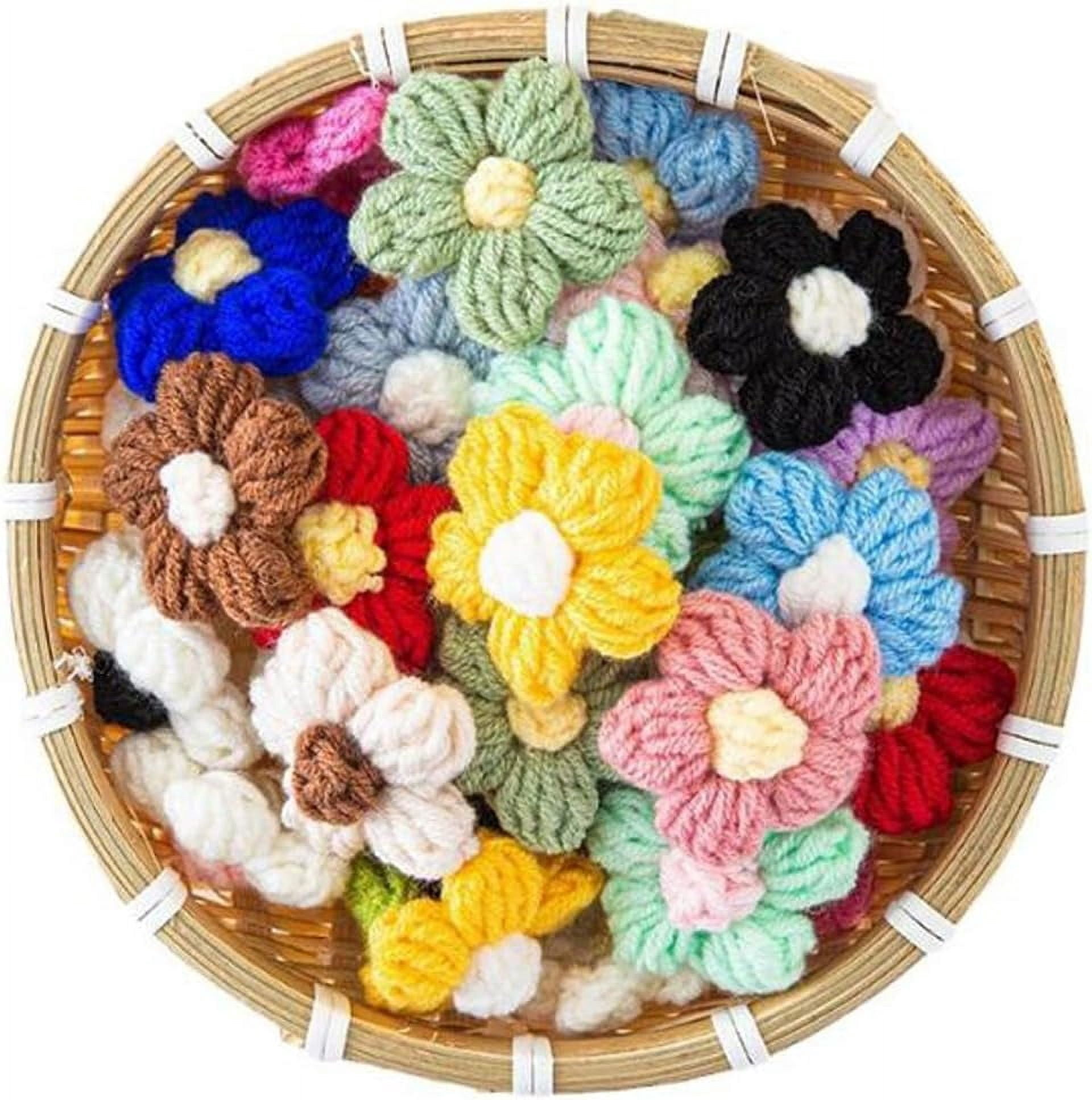 ABPETE 100Pcs Crochet Flowers Puff Flowers Knitted Yarn Flowers Handmade Crochet Flowers for Crafts Embellishments DIY Hair Headbands Hats Clothing Accessories
