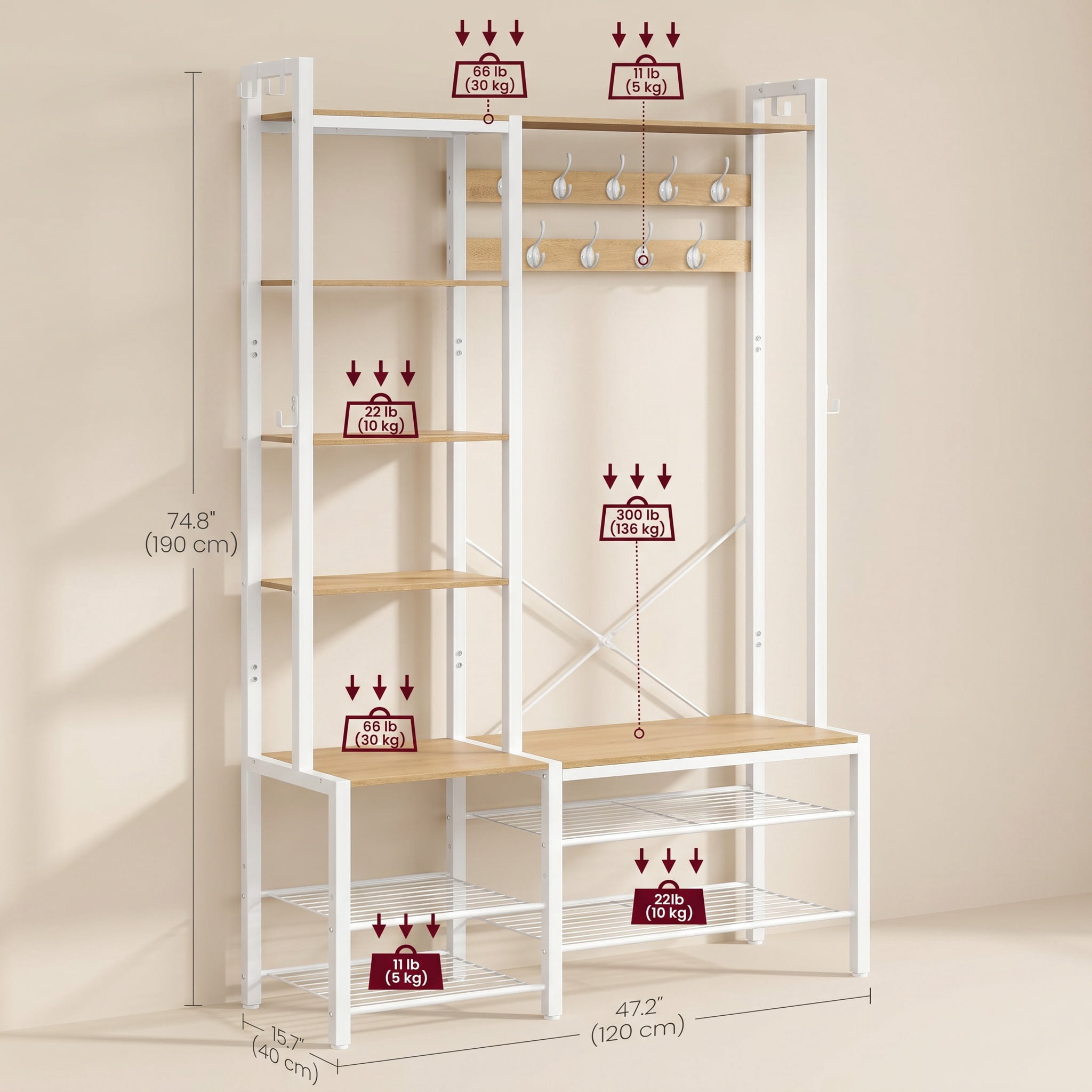 Nordic Hygge L-Shaped Corner Hall Tree with Bench & 5 Side Shelves, Golden Oak & Cloud White