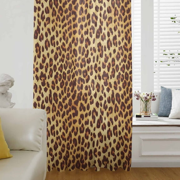 Leopard Texture Print Semi Sheer Curtains Drapes for Living Room, Bedroom, French Doors Window 54 Inches Long, Orange Yellow Retro Farmhouse Rod Pocket Chiffon Curtain Drapery Voile Draperies Panel