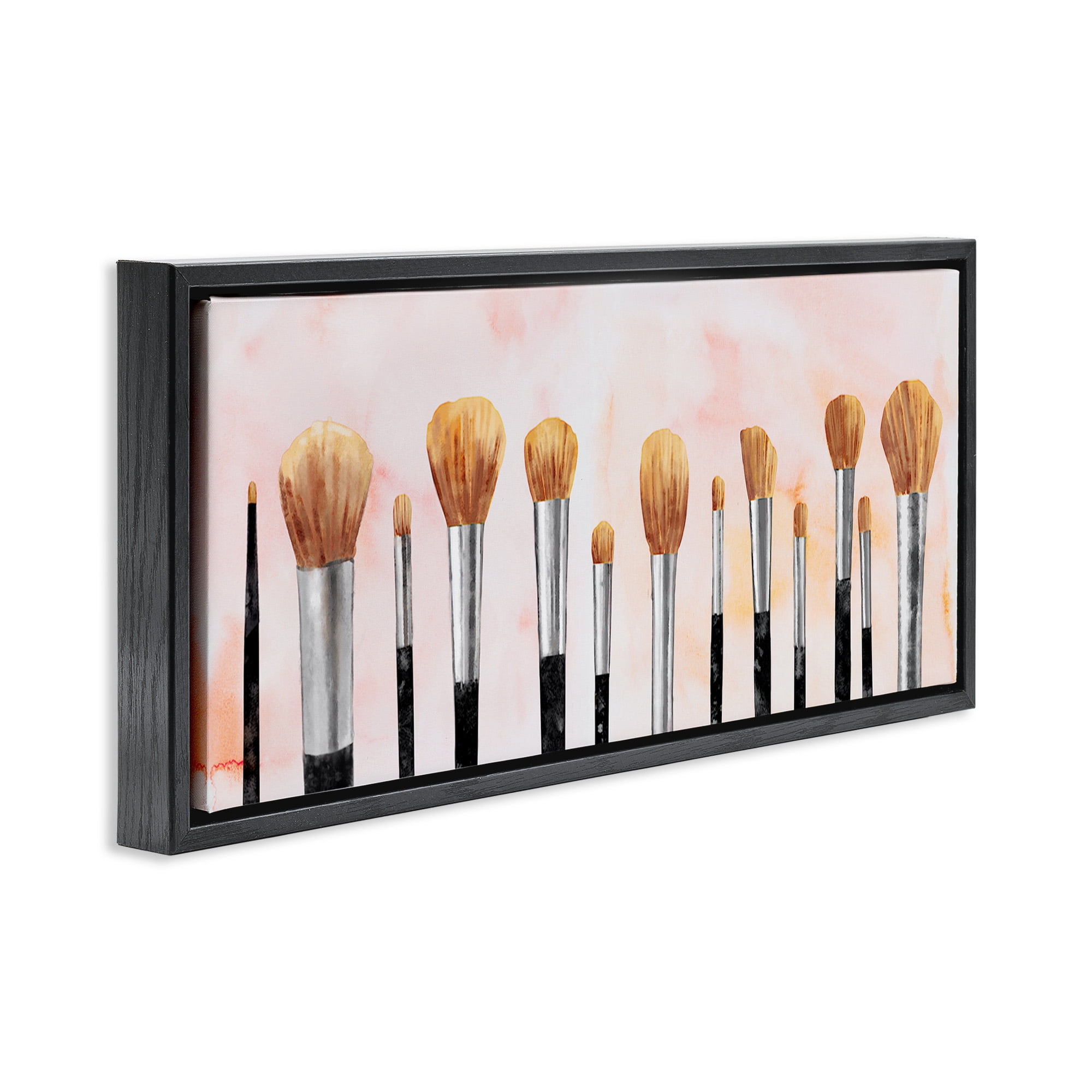 Stupell Industries Pink Makeup Brush Collection Beauty & Fashion Painting Black Floater Framed Canvas Art Print Wall Art, 25 x 11