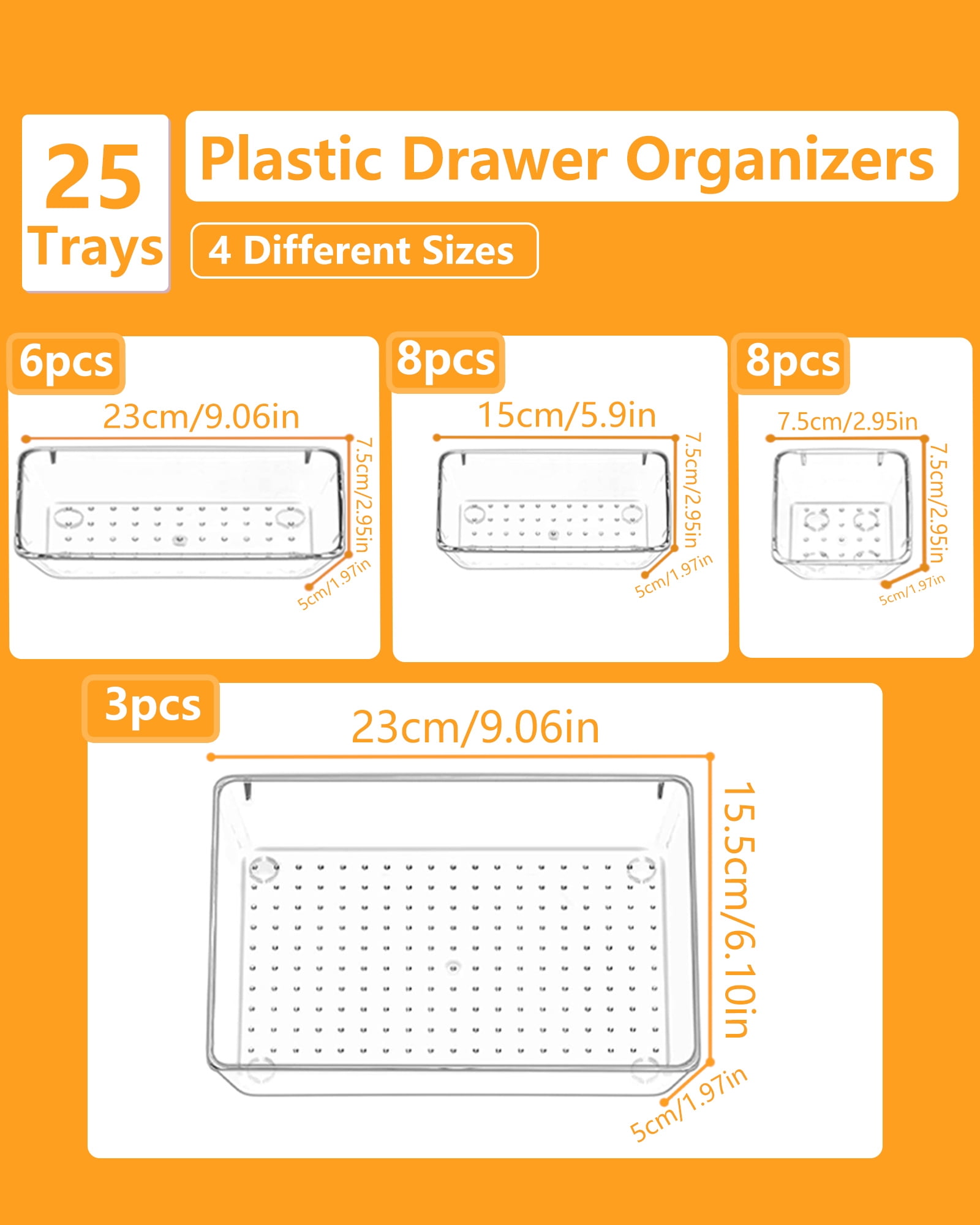 Asnews 25 Pcs Clear Plastic Drawer Organizer Set, 4 Sizes Desk Drawer Divider Organizers and Storage Bins for Makeup, Jewelry, Bedroom, Bathroom, Office