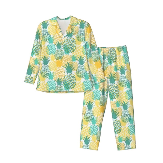 Fotbe Pineapples1 Pijama de Hombre con Estampado de Manga Larga, Conjunto de 2 Piezas, Ropa de Dormir Suave y Cómoda con Bolsillos-XX-Large