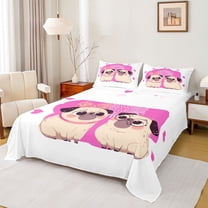 Feelyou Kawaii Couple Dog Queen Sheet Sets for Teens, Cartoon Love Heart Flat Sheet, Anniversary Theme Queen Fitted Sheet, Luxury Bedroom Decor, 4 Pieces