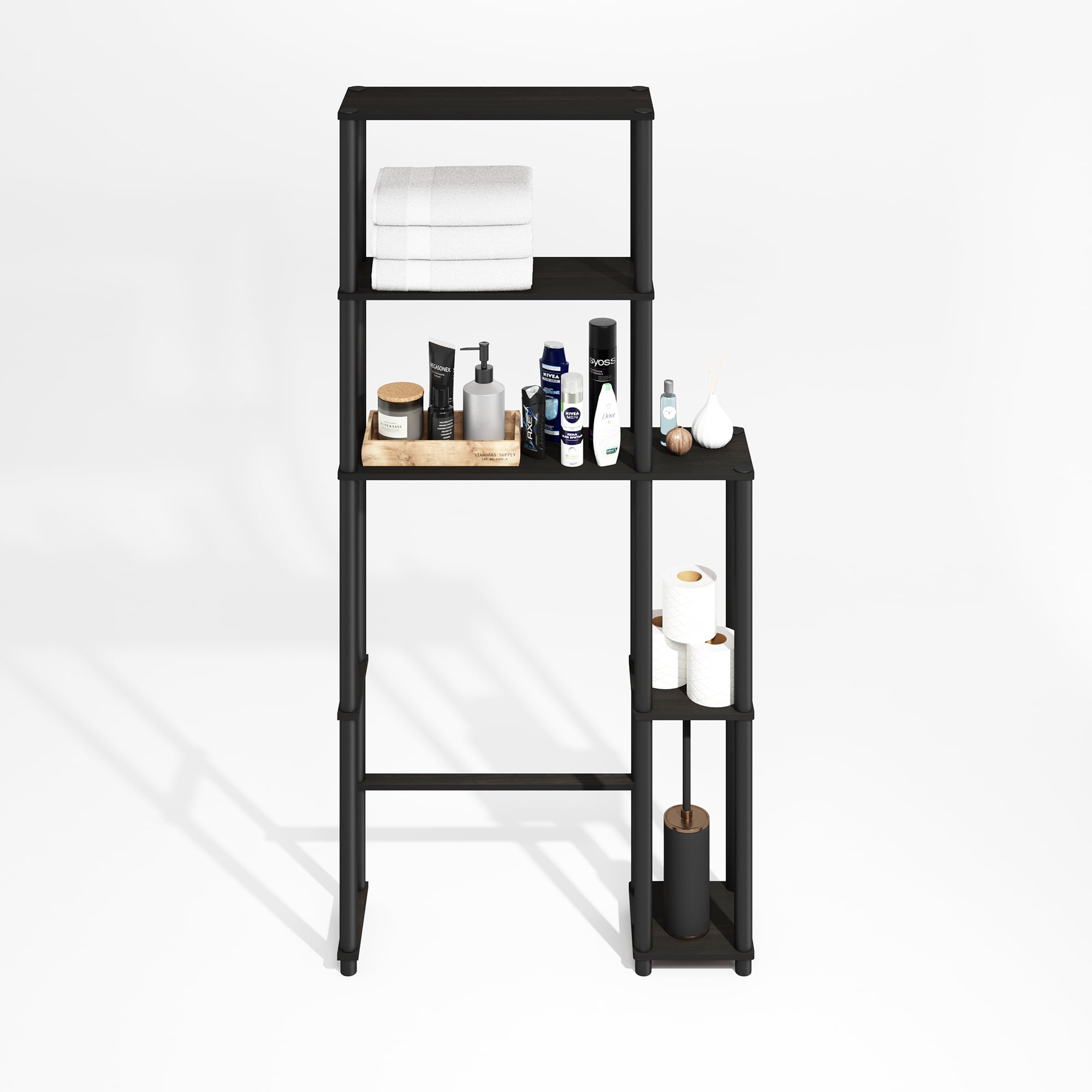 Furinno Turn-N-Tube Freestanding Over-The-Toilet Bathroom Shelves, Storage Rack with 5 Shelves, Black Espresso/Black