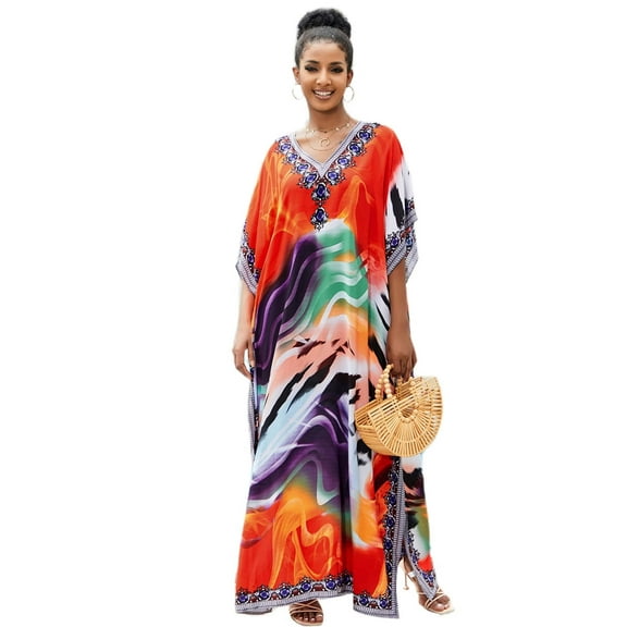 Edolynsa Bohemian Colorful Floral Print Summer Long Dress Bright Red Plus Size Beach Gown Swimwear Cover Up