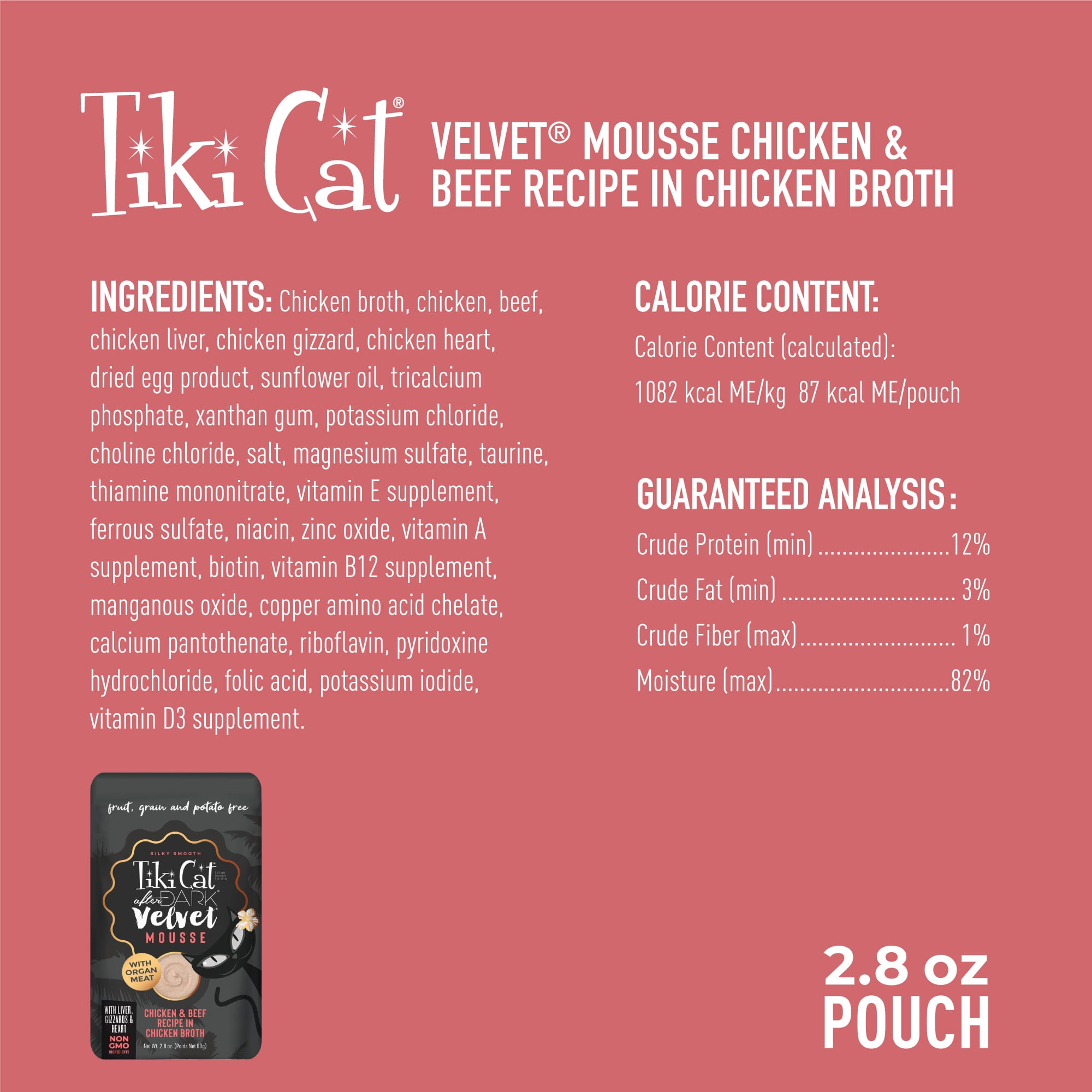 (6 pack) Tiki Cat After Dark Velvet Mousse Wet Cat Food, Chicken & Beef, 2.8 oz. Pouch
