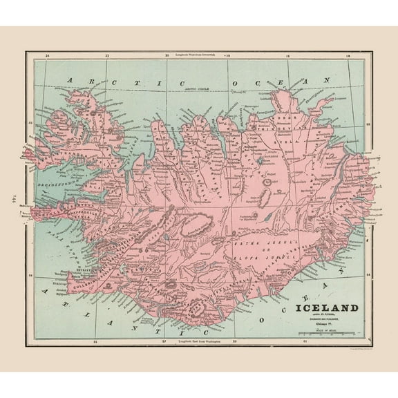 Historic Map - Iceland - Cram 1892 - Vintage Wall Art