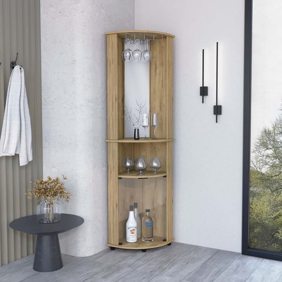 Miekor 74" H macadamia bar-coffee corner cabinet storage, with rounded front design, with 2 central shelves B5A4358