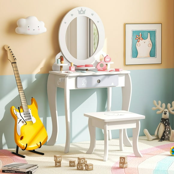 Costway Set de Mesa de Tocador y Taburete para Niños, Mesa de Maquillaje y Silla de Princesa con Espejo Extraíble, Cajón de Almacenamiento/Lindos Accesorios, Conjunto de Mesa de Tocador Infantil